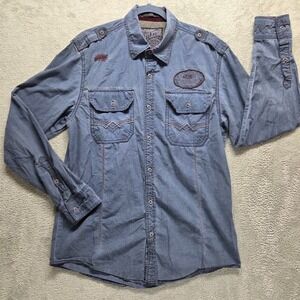 Affliction Shirt Mens XL Blue Botton Down Long Sleeve Slim Fit Magic Touch
